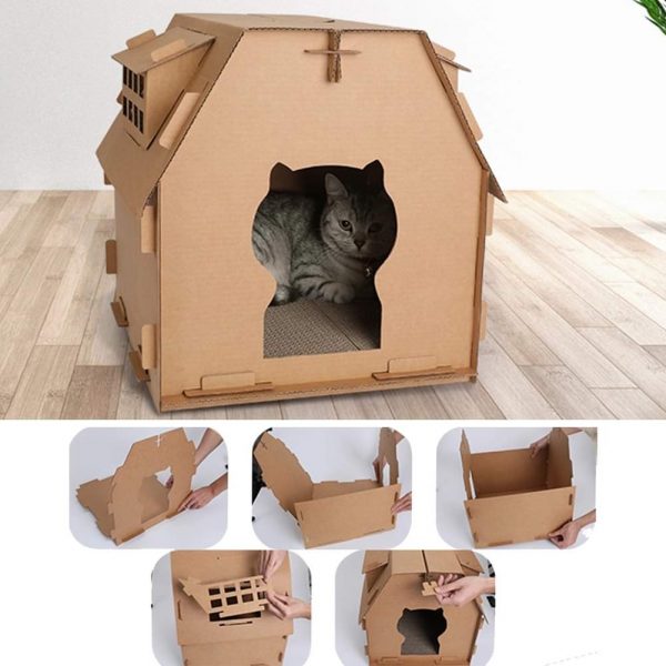 Casa de cartón para gato con rascador en el piso - Image 3