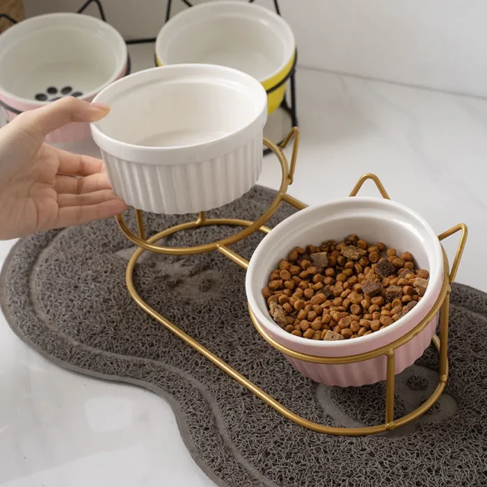 Comedero doble de cerámica para perros y gatos, cuenco elevado de cuello alto para beber, accesorios para platos de comida y agua