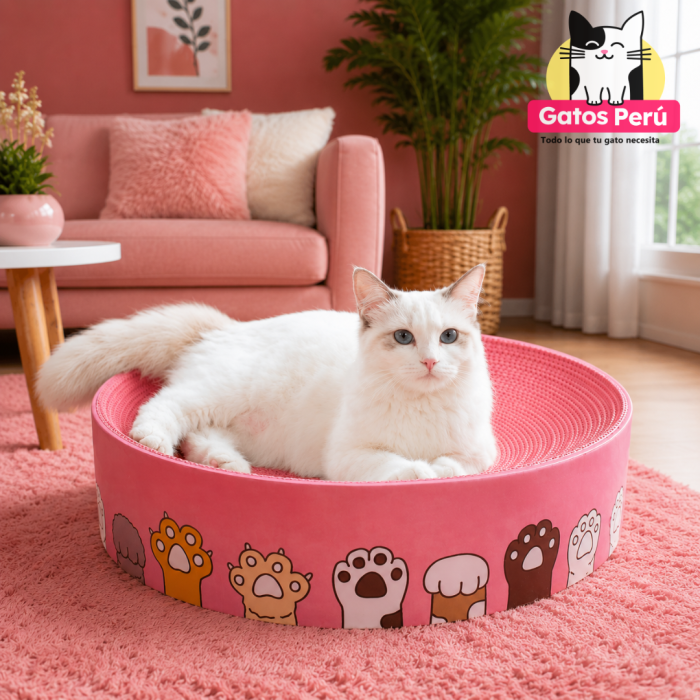 Rascador Cama para Gato Redondo Rosa con Huellas
