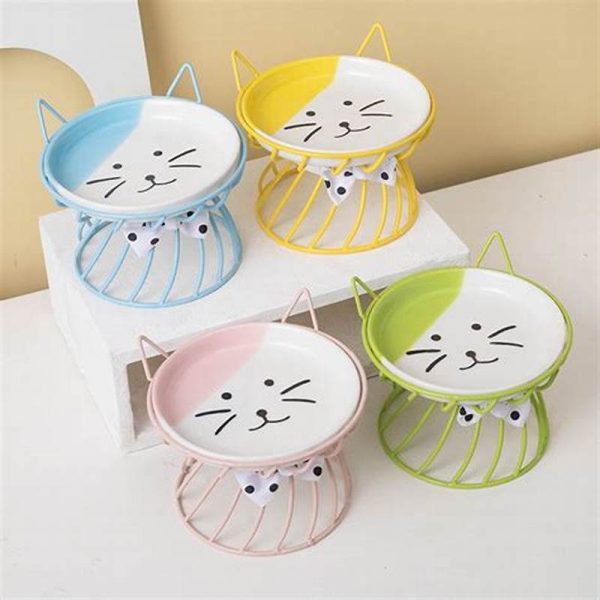 Cuencos para gatos, plato elevado de cerámica para gatos con soporte de metal, cuenco elevado de comida para gatos para gatitos, gatos y perros pequeños de interior, apto para lavavajillas, - Image 2