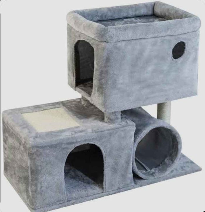 Torre rascador para gatos gris de dos niveles con túnel cilíndrico y plataformas suaves Rascador para Gatos Gris 2 Niveles con Túnel
