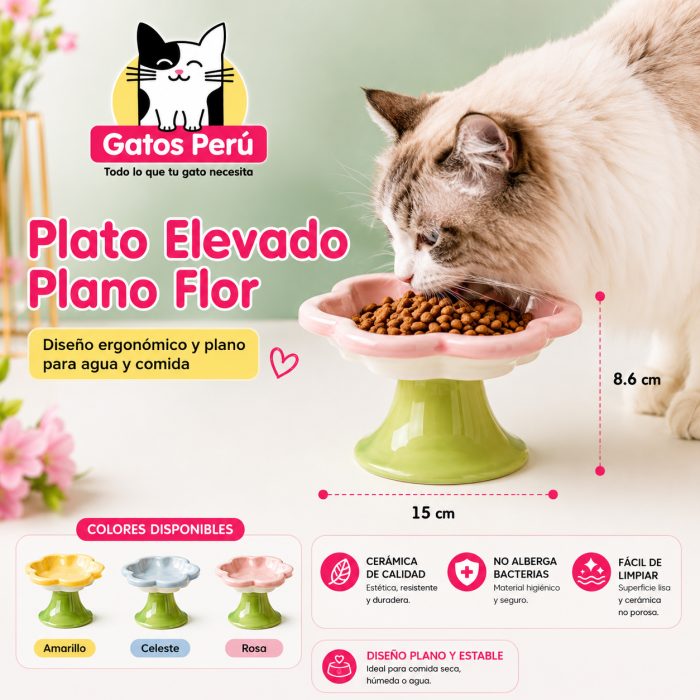 Plato Elevado Flor de Cerámica para Gatos
