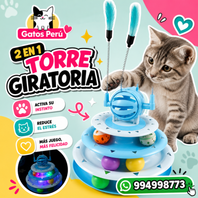 Juguete 2 en 1 Torre Giratoria para Gatos de 3 Niveles con Plumas