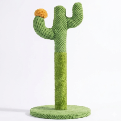 Rascador tipo cactus para gatos con diseño tejido y bolita naranja interactiva. Rascador Tipo Cactus